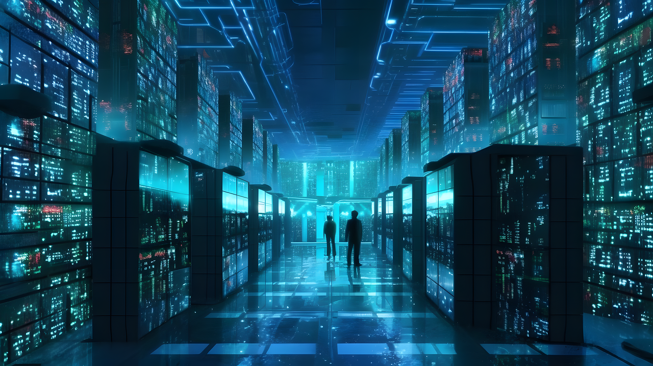 A group of people are standing in a server room filled with lots of servers.