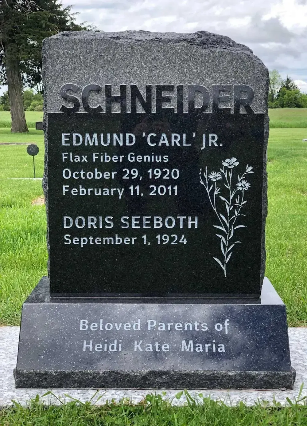 Black granite memorial headstone for Edmund 