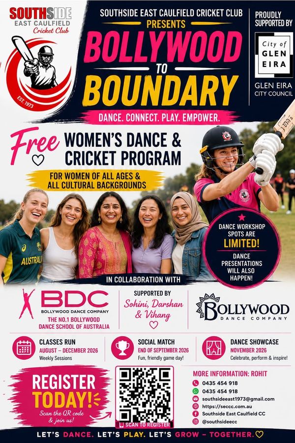 Bollywood to Boundary Registration Bollywood Dance Curry event poster with dancers, cricket program, dates, and registration details