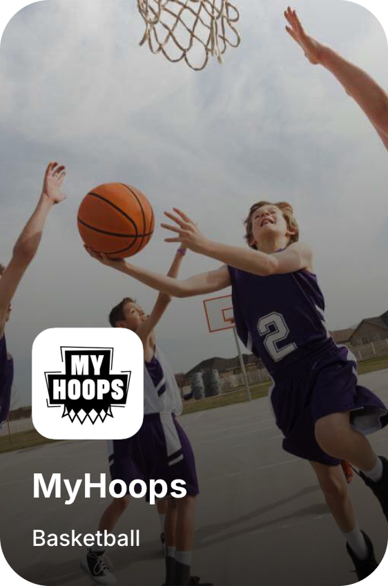 Basketball players reaching for a shot near the hoop, with a MyHoops logo in the corner