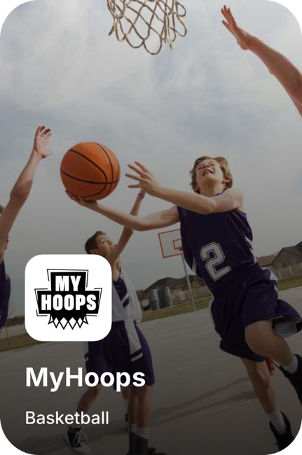 Basketball players reaching for a shot near the hoop, with MyHoops logo and text.