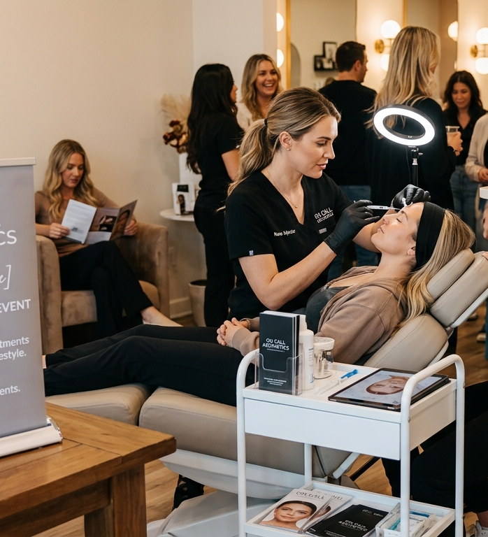 Beauty consultation at a salon booth with makeup artists, seated client, mirror, and display shelves