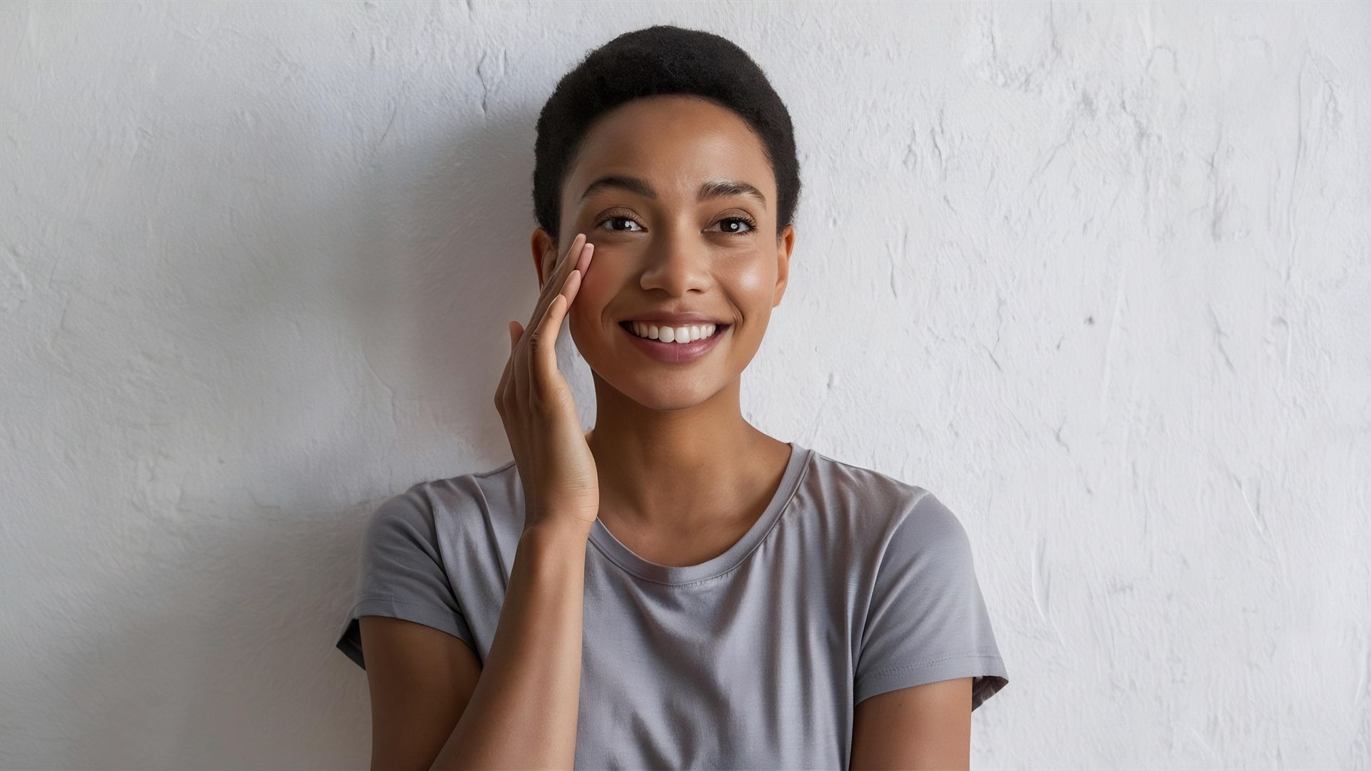 Smiling woman in a gray shirt touching her cheek against a light wall background