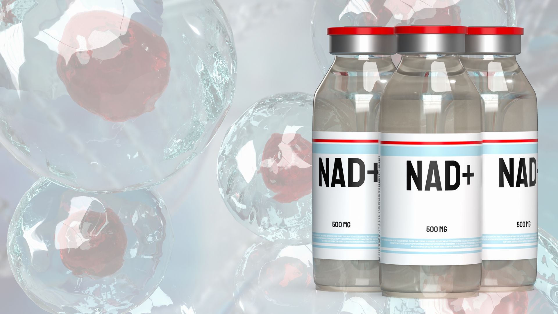 NAD+ supplement bottles in front of faint red blood cells on a pale background