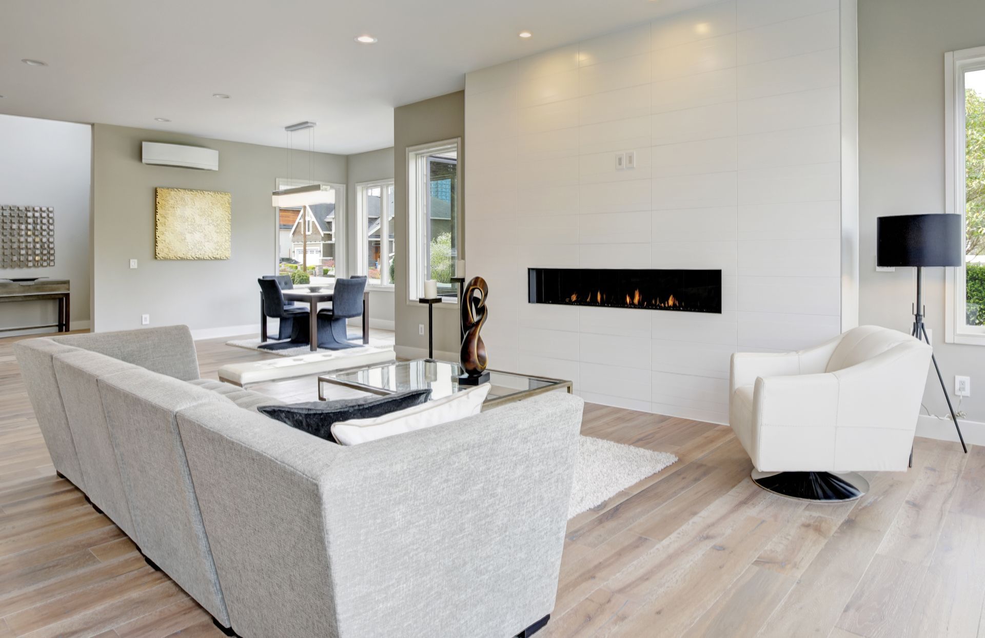 Modern Living Room With Fireplace, White Walls — Climate King In Cowra, NSW