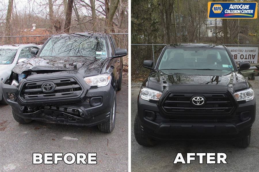 Before and after photo of a black Toyota Tacoma truck, showing extensive front-end collision damage repaired to new.