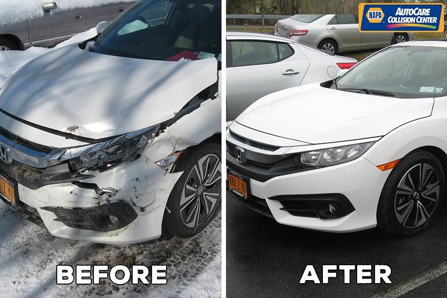 Split view showing a damaged white car before and after professional auto body repair.