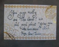 A handwritten thank you note on decorative paper, expressing appreciation for a business relationship.