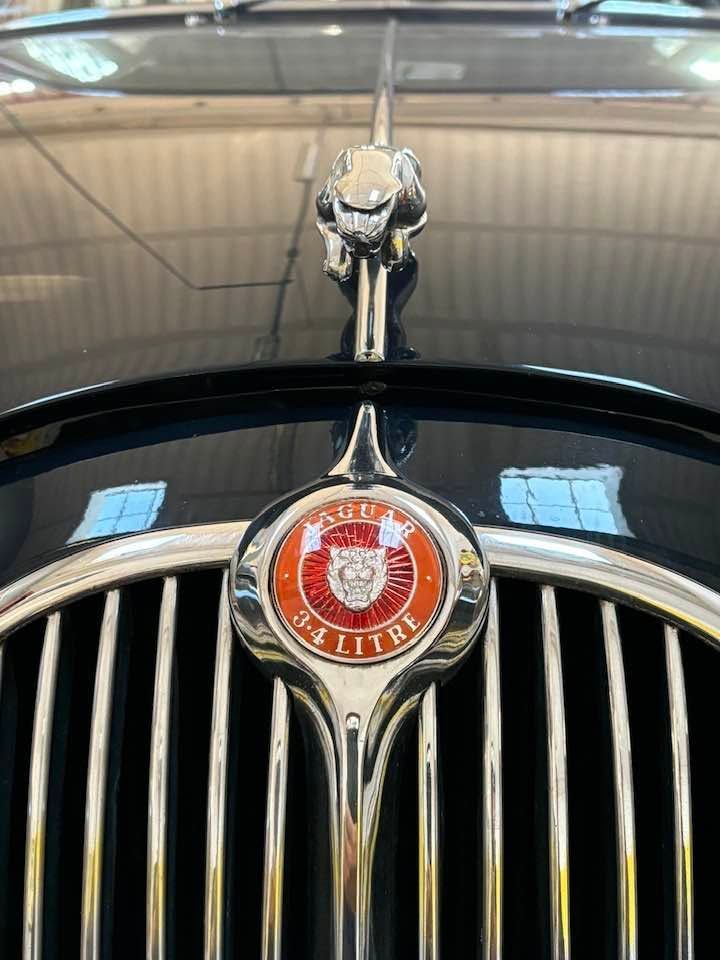 Primo piano di un ornamento nero sul cofano di una Jaguar e di un emblema rosso e oro su una griglia cromata.