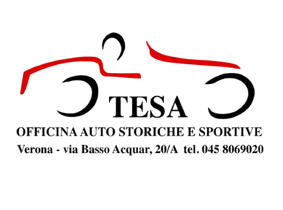 Logo TESA con sagoma di auto da corsa rossa e nera e testo di contatto dell'officina automobilistica italiana