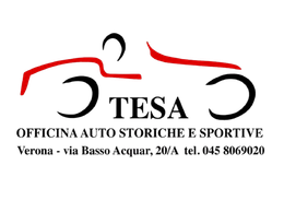 Logo TESA con sagoma di auto da corsa rossa e nera e testo di contatto dell'officina automobilistica italiana