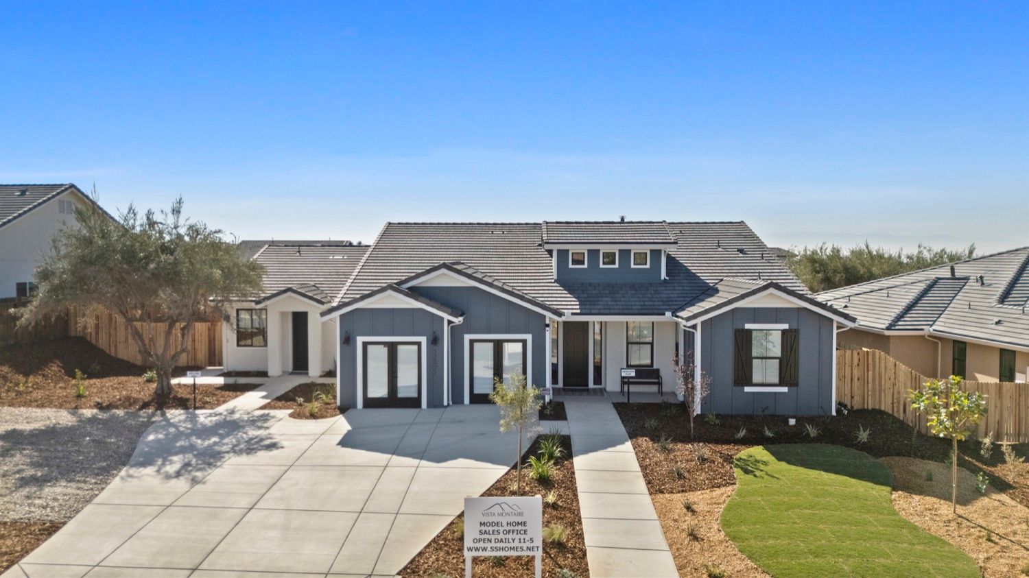Blue house with gray roof, driveway, and landscaping on a sunny day.