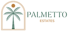 A palmetto estates logo with a palm tree and a sun.