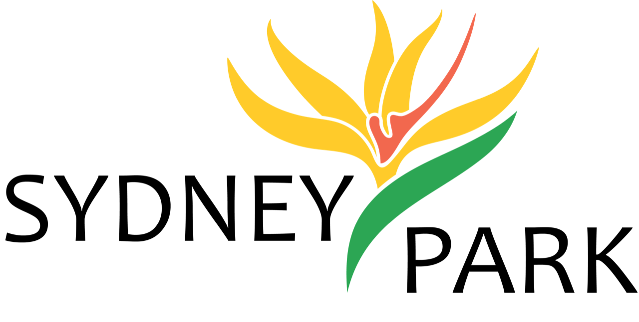 A logo for sydney park with a yellow flower and green leaves
