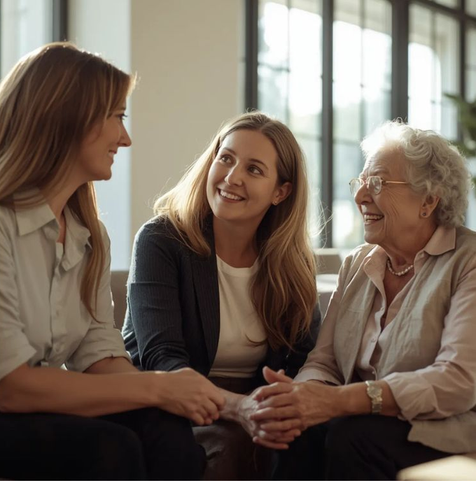 Three people smiling and talking in a bright room