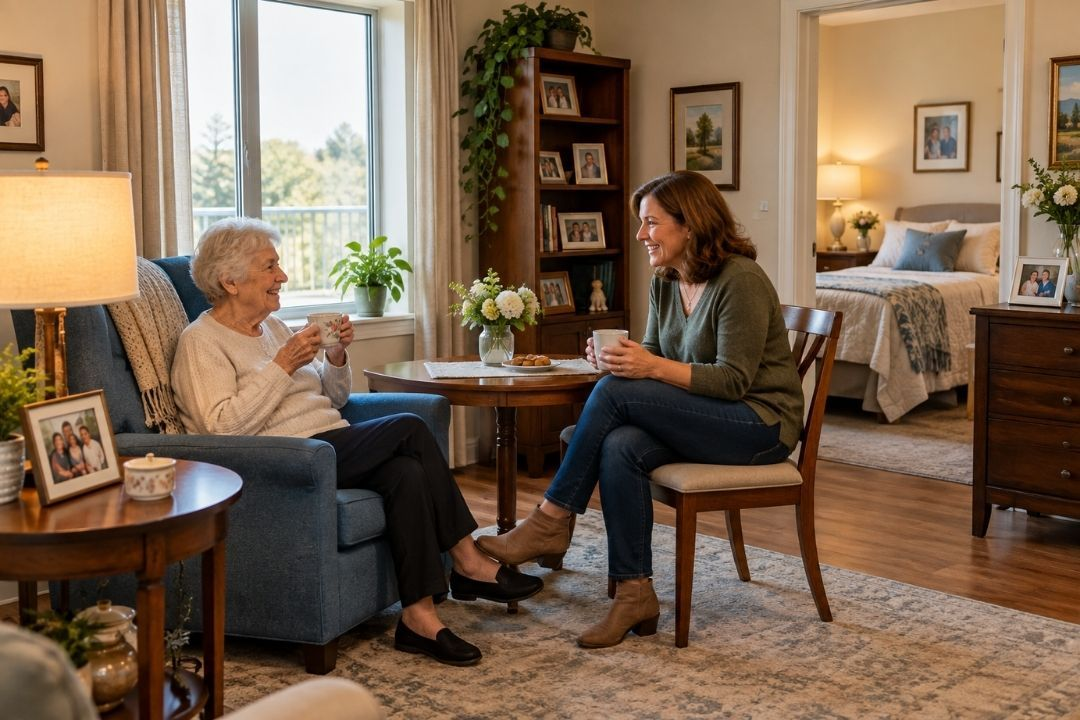 Two people talk in a cozy living room, one seated in an armchair and one on a chair, with a lamp and window nearby.