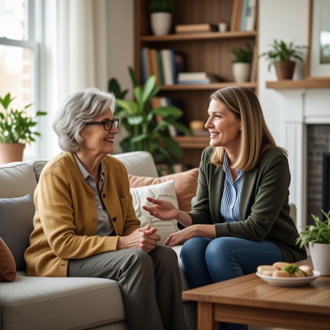 Two women smiling and talking on a sofa in a bright living room, with plants and shelves behind them