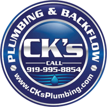 CK&rsquo;s Plumbing & Backflow circular blue logo with phone number 919-995-8854 and website CKsPlumbing.com