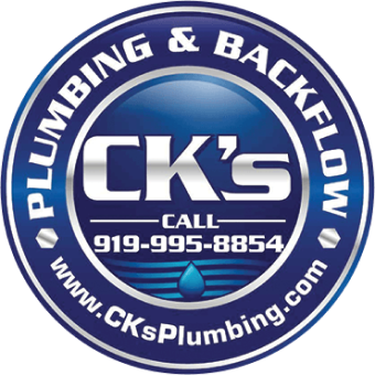 CK&rsquo;s Plumbing & Backflow circular blue logo with phone number 919-995-8854 and website CKsPlumbing.com