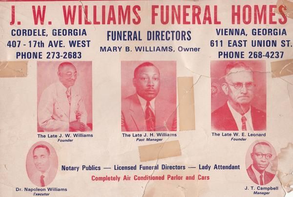 Vintage J.W. Williams Funeral Homes ad with two locations, portraits, and red/blue text on beige background