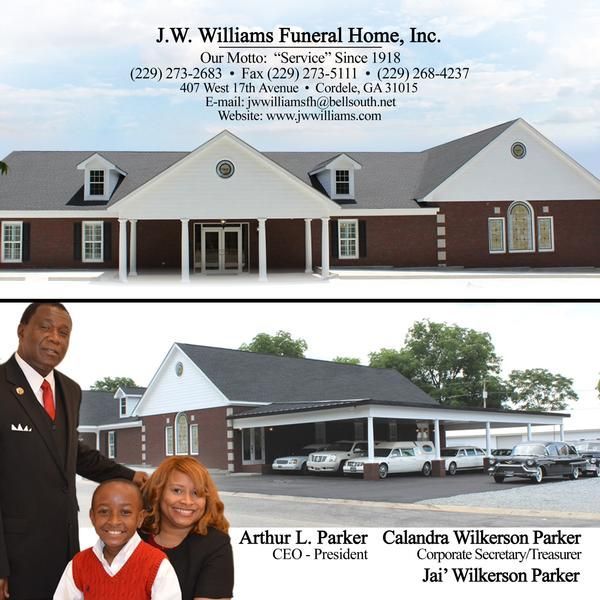J.W. Williams Funeral Home building with staff portraits and contact details in a promotional layout