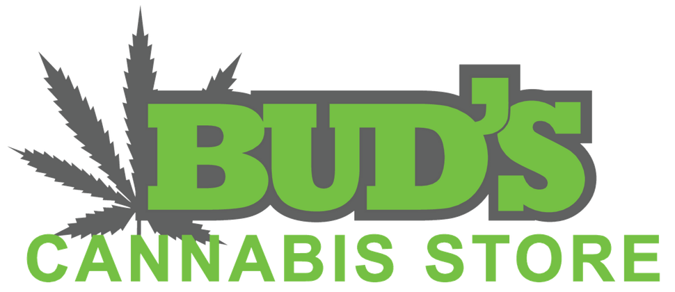 Logo for Bud's Cannabis Store: a green leaf beside 