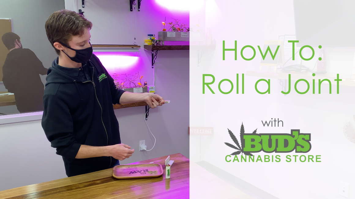 A man in a mask rolls a joint at Bud's Cannabis Store, with instructions overlaid.