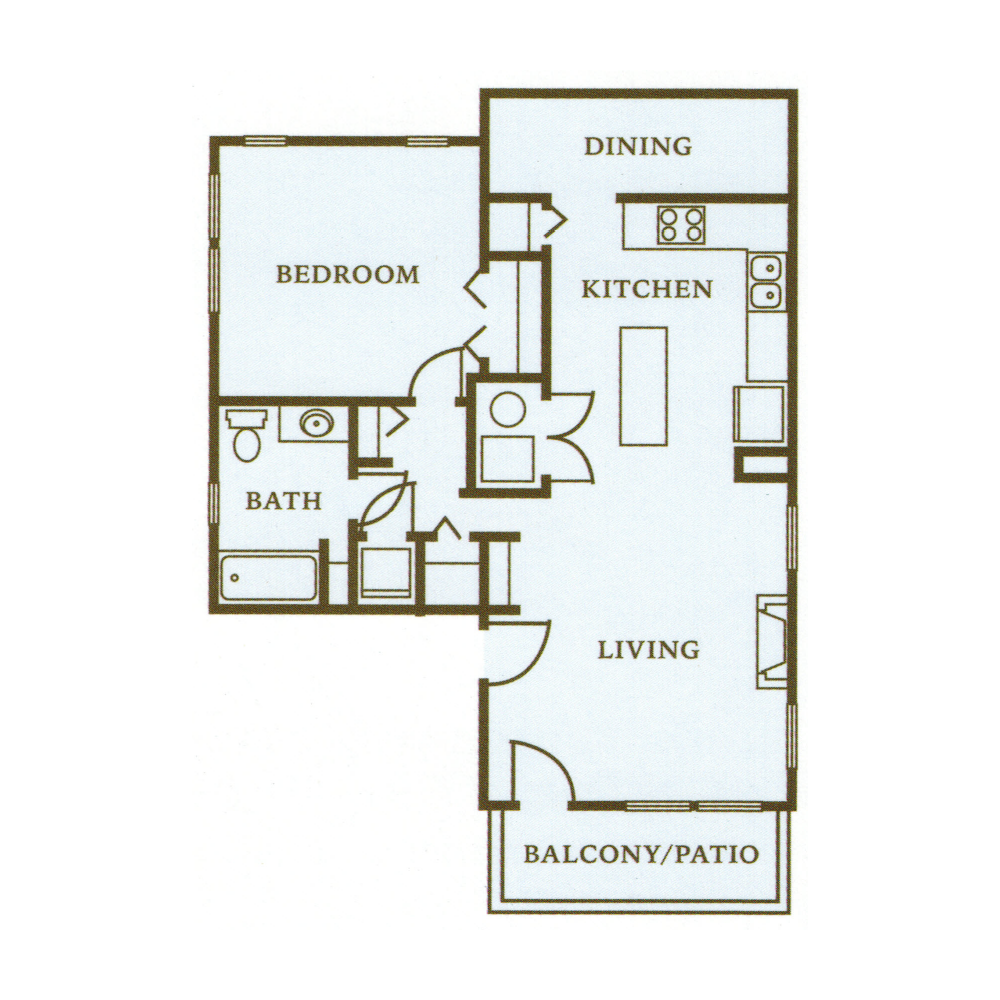 Floor plan of a one-bedroom apartment with bedroom, bath, kitchen, dining, living room, and balcony/patio.
