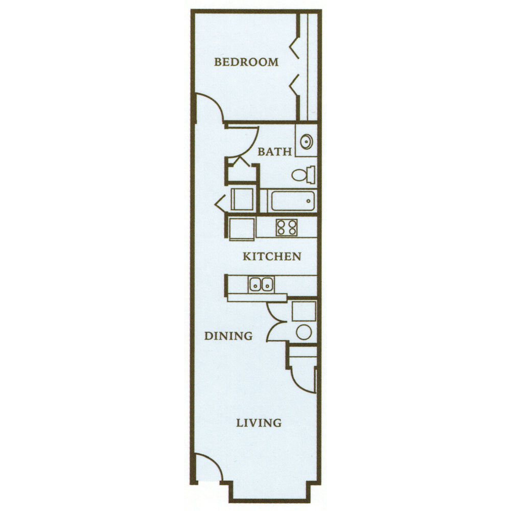 Compact apartment floor plan with bedroom, bath, kitchen, dining, and living areas