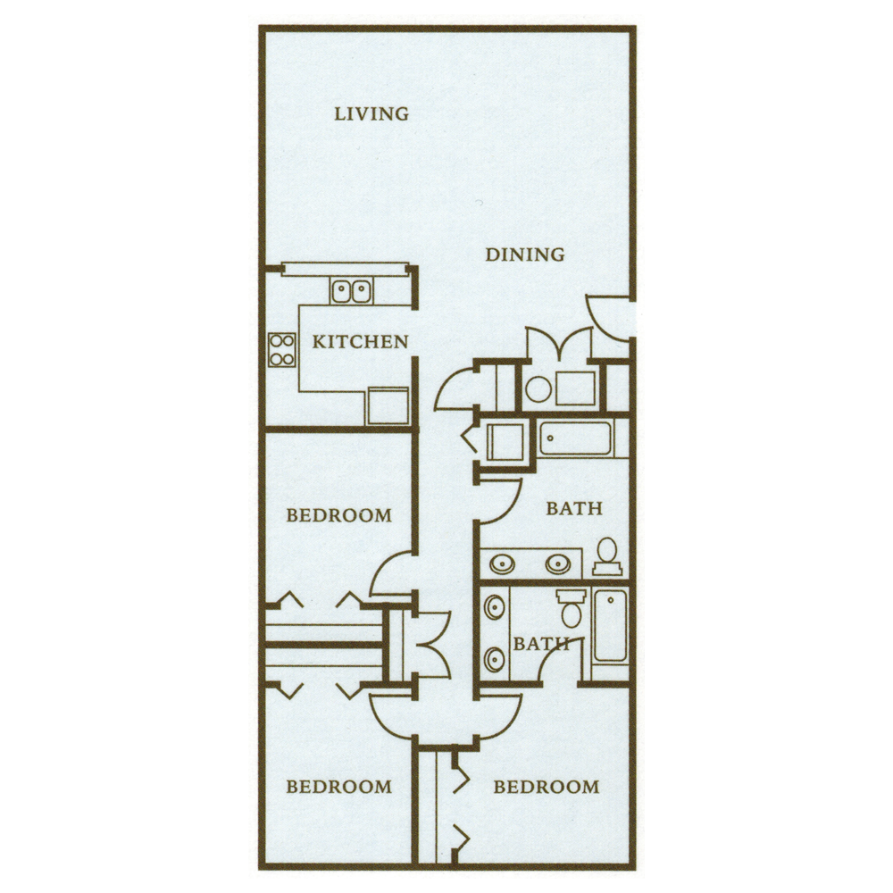 Floor plan of a compact apartment with living, dining, kitchen, bath, and three bedrooms.