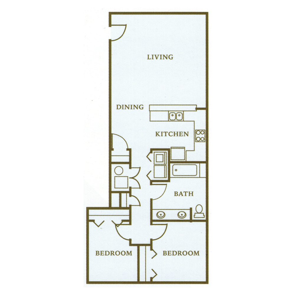 Black-and-white floor plan of a small apartment with living, dining, kitchen, bath, and two bedrooms
