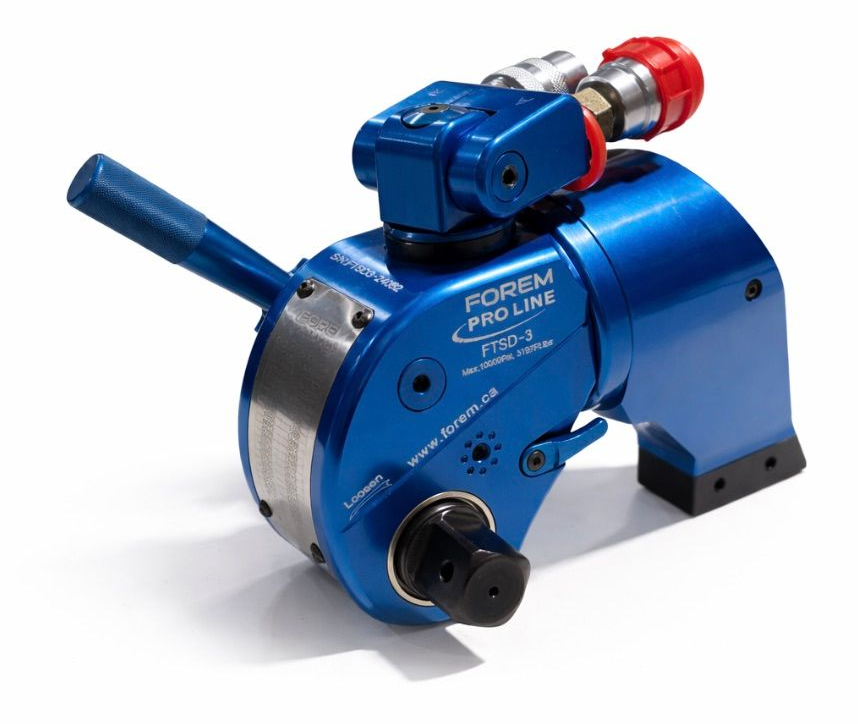 Clé dynamométrique hydraulique bleue, FOREM PRO LINE, avec poignée et connecteurs.