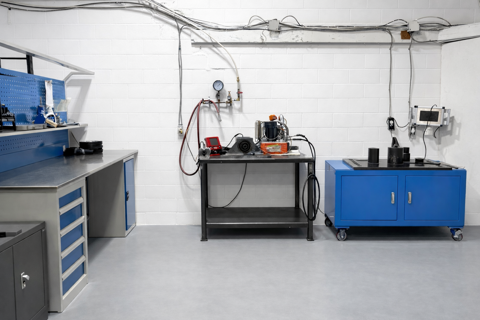 A workshop area with white block walls, a gray workbench with blue drawers, a metal table with equipment, and a blue cart.