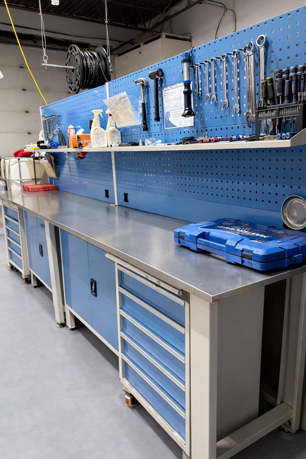 A blue industrial workbench with a matching pegboard back wall featuring hanging tools and drawers in a workshop.