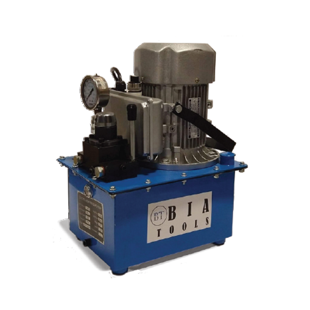 Un groupe hydraulique bleu avec un moteur électrique argenté, un manomètre et le logo BIA Tools sur fond blanc.