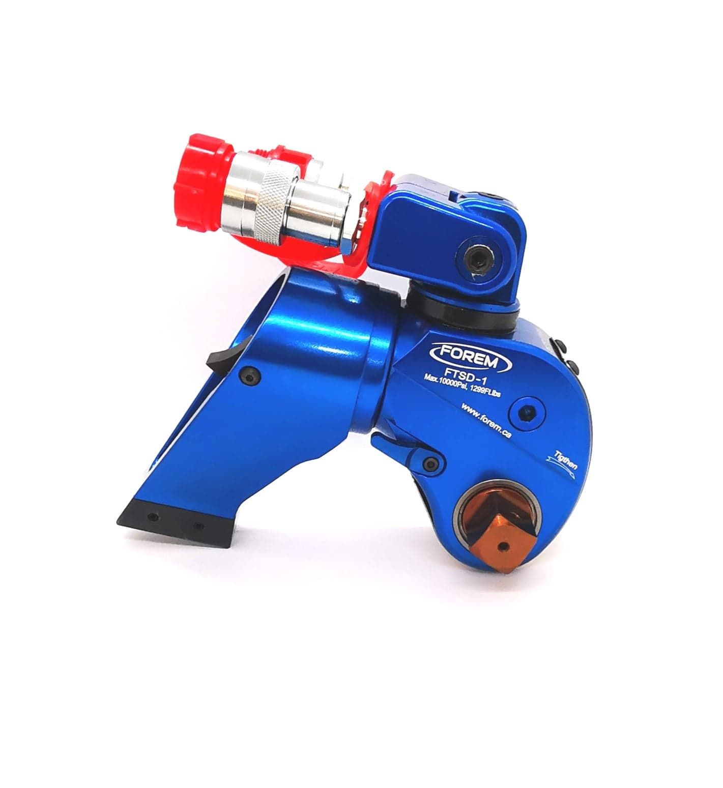 Une clé dynamométrique hydraulique bleue avec un entraînement carré métallique et un raccord de tuyau rouge sur fond blanc.