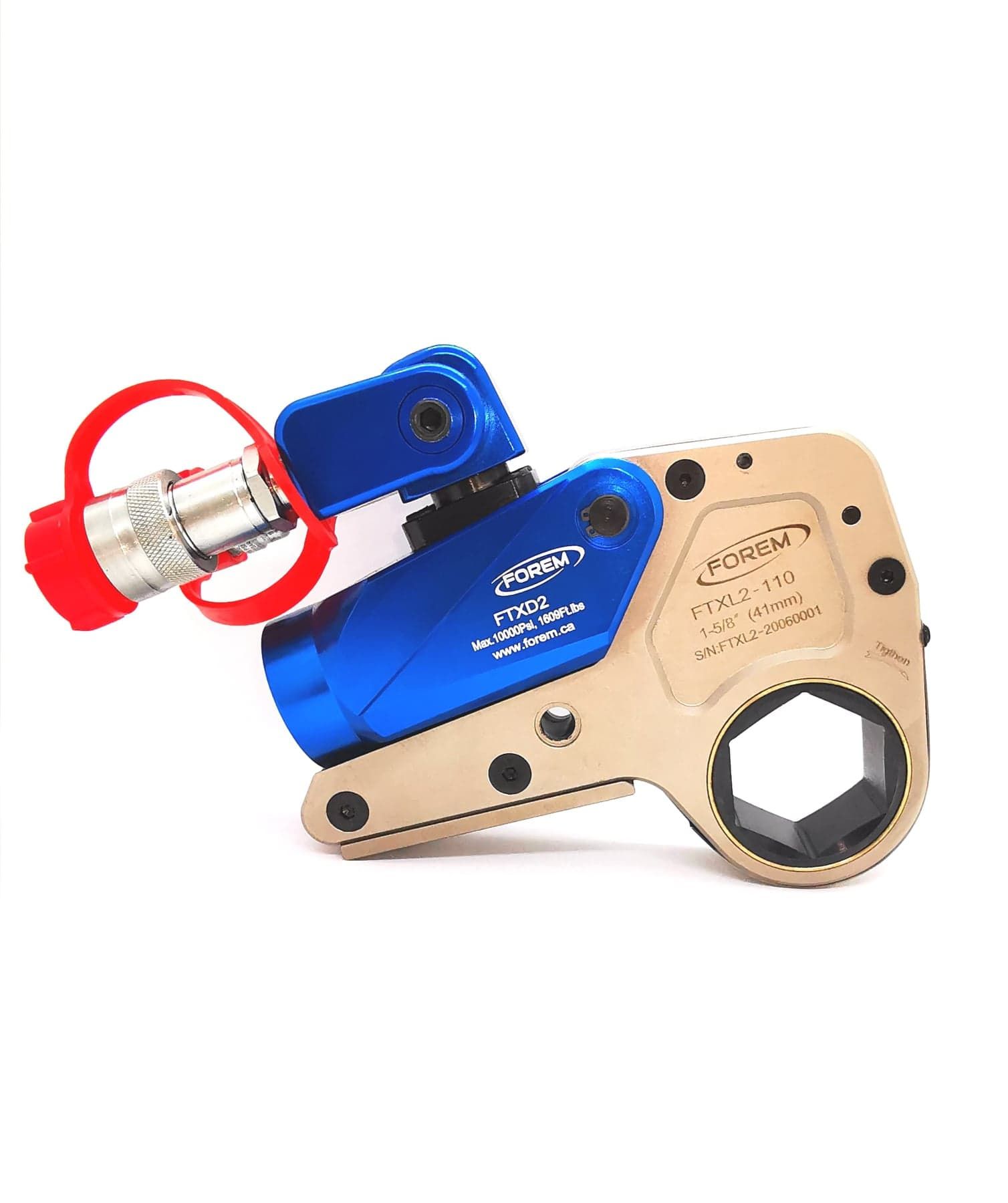 Clé dynamométrique hydraulique industrielle bleue et or à profil bas, avec tête d'entraînement hexagonale et capuchon de protection rouge.