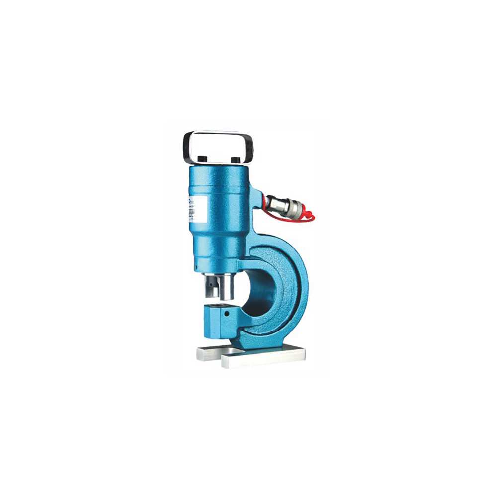 Un outil de poinçonnage hydraulique bleu avec un cadre en forme de C et une poignée montée sur le dessus, reposant sur une base blanche.