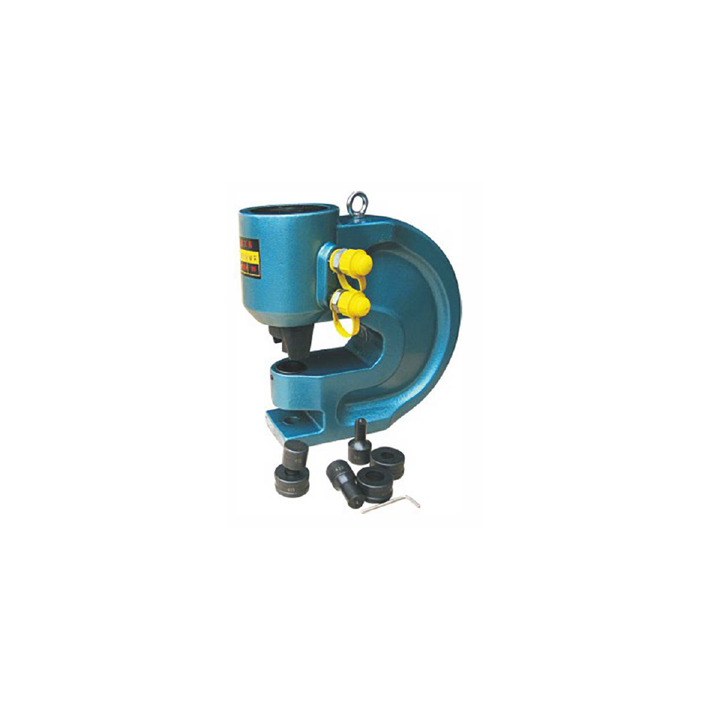 Un outil de poinçonnage hydraulique bleu avec un cadre en forme de C et une poignée montée sur le dessus, reposant sur une base blanche.
