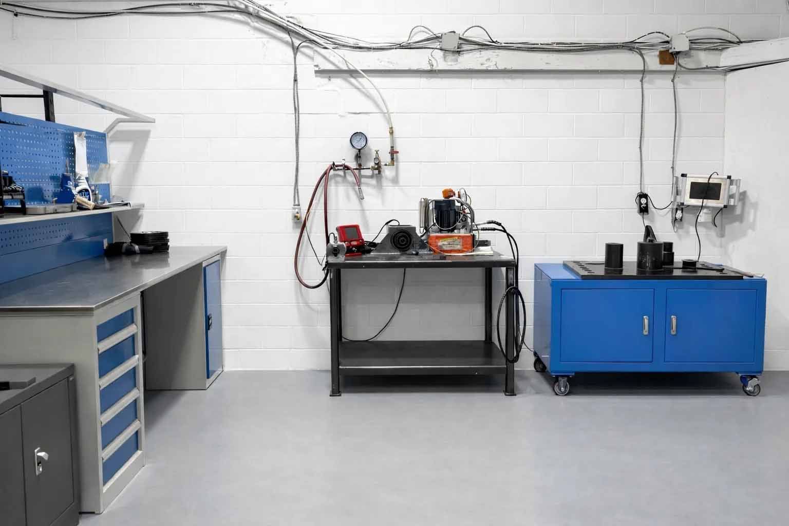 Un atelier équipé de matériel industriel sur des établis métalliques, comprenant une unité de contrôle, des tuyauteries et des armoires de rangement bleues.