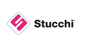 Logo Stucchi : un « S » rose inscrit dans un losange légèrement arrondi à bordure blanche, avec le texte « Stucchi » en noir à droite.