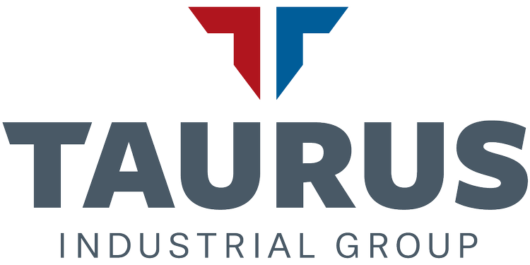 Logo du groupe industriel Taurus, avec une icône T stylisée en rouge et bleu au-dessus du nom de l'entreprise.