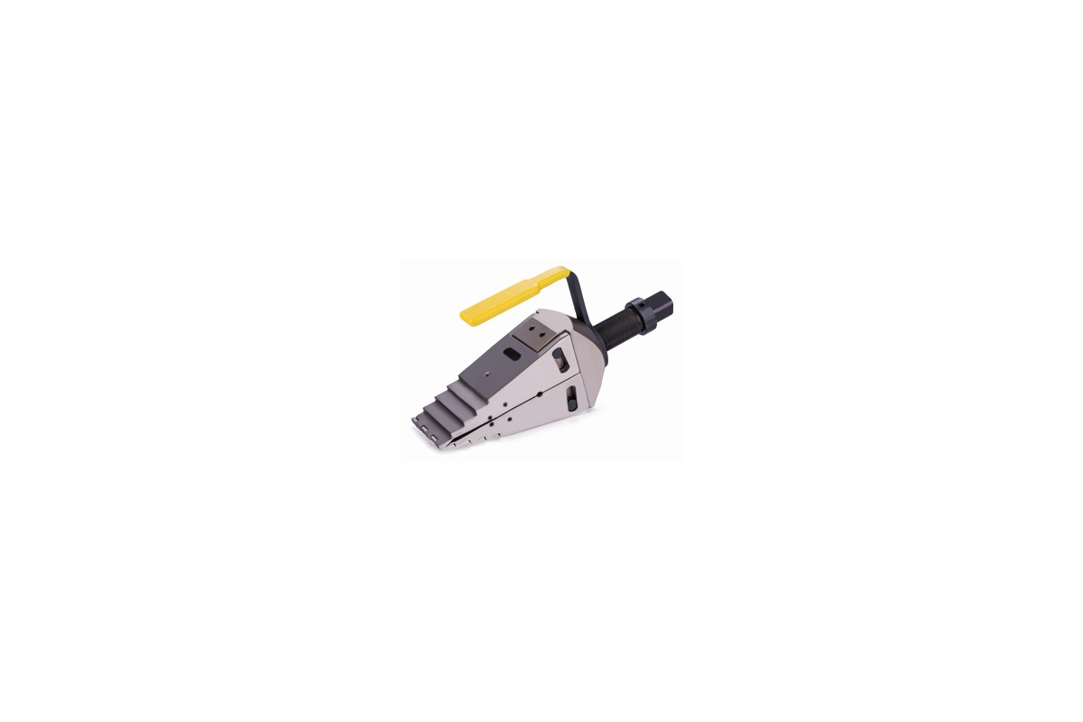 Un outil d'écartement hydraulique en forme de coin, doté d'un corps métallique, d'une poignée jaune et d'un raccord de tuyau noir.