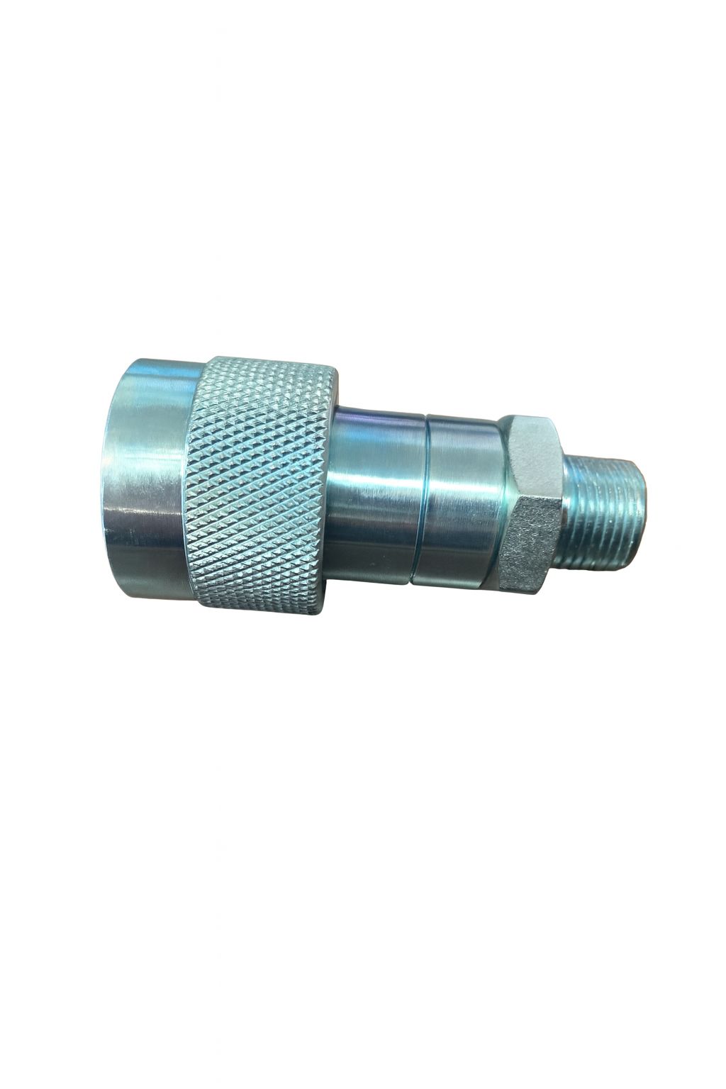 Raccord rapide hydraulique, argent métallisé avec poignée texturée et extrémité filetée.