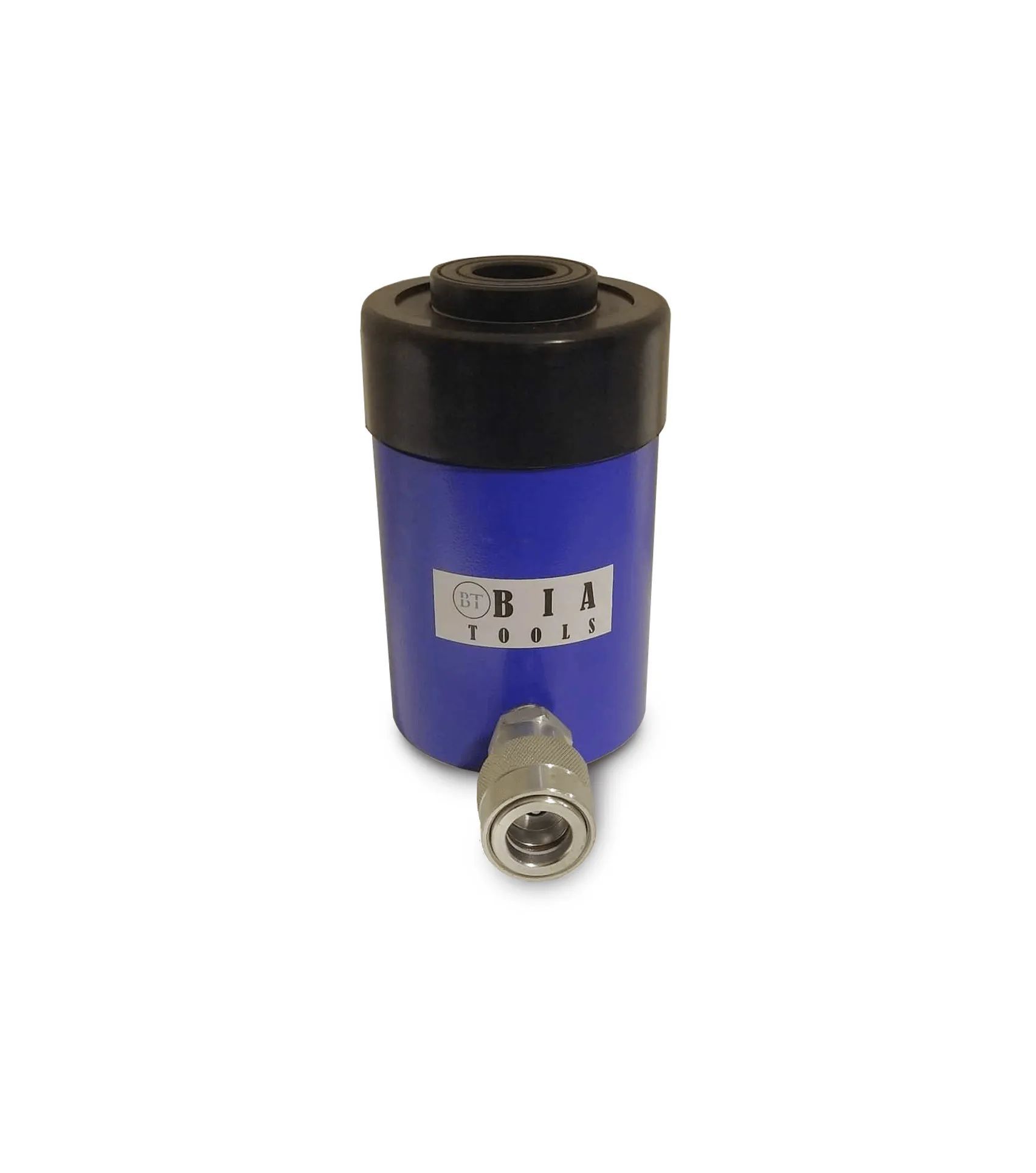Vérin hydraulique bleu avec capuchon noir et raccord argenté.