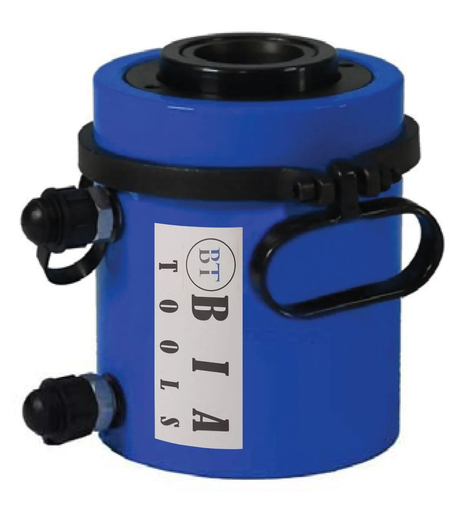 Cylindre hydraulique bleu avec poignée noire, étiquette indiquant « BBIA TOOLS ».