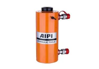 Vérin hydraulique orange avec étiquette « AIPI HYDRAULIC TOOLS » et raccords rapides rouges.