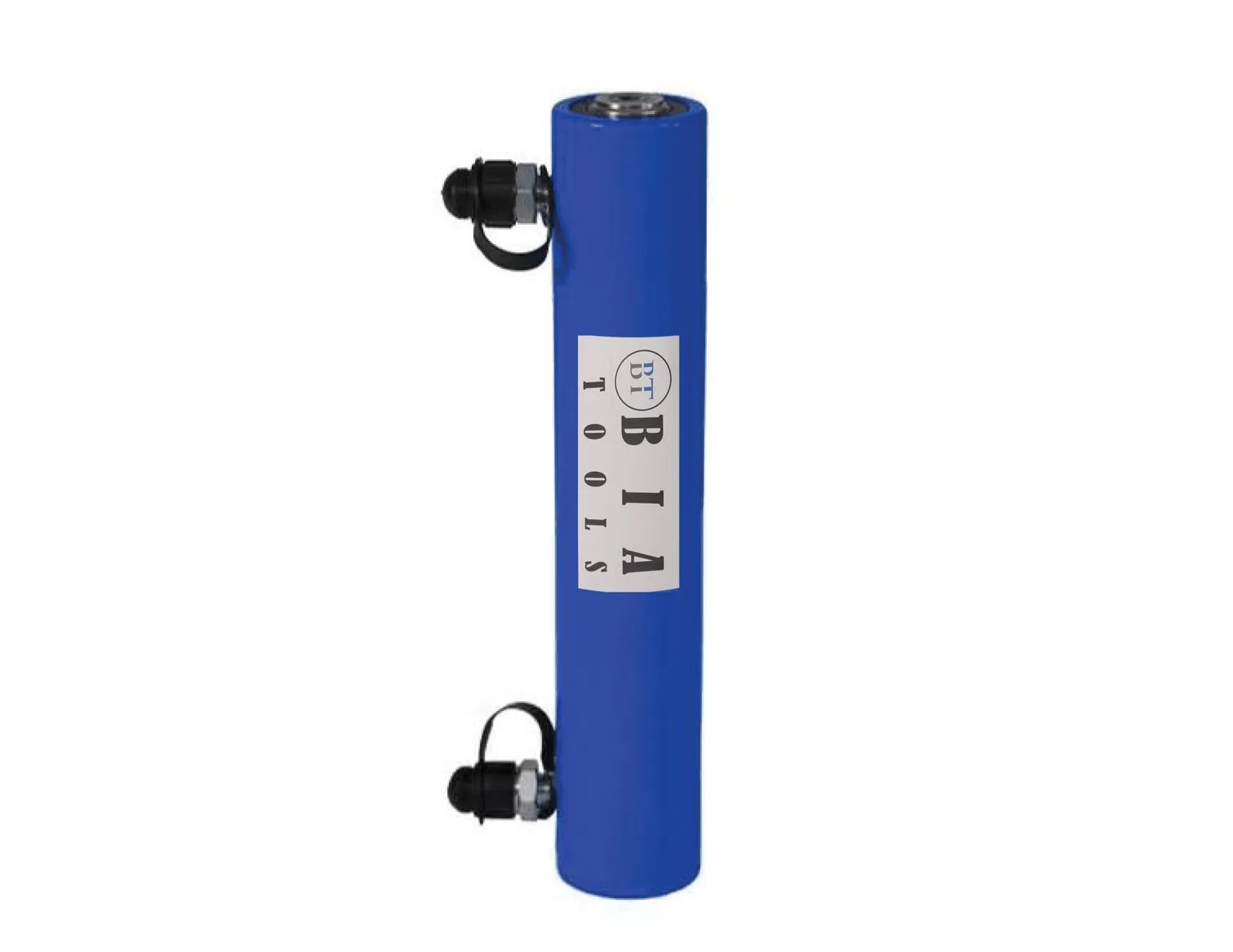 Vérin hydraulique bleu avec raccords intégrés ; étiquette « TOBI » sur le côté.
