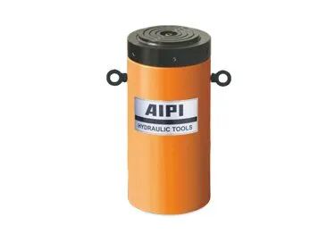 Cylindre hydraulique orange avec dessus noir, étiquette « AIPI Hydraulic Tools » et poignées.