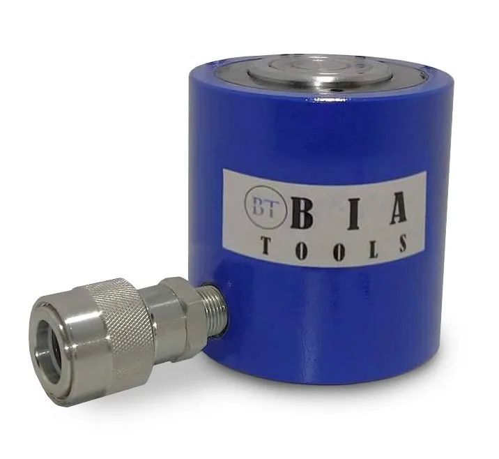 Vérin hydraulique bleu avec logo « BIA TOOLS » et raccord rapide argenté.